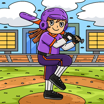 This cartoon clipart shows a Girl Bracing a Baseball Bat illustration.