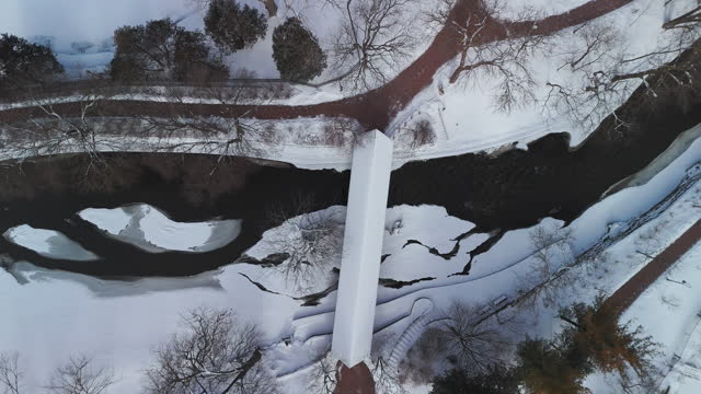 Aerial top down shot of a winter river, the bridge are covered with snow