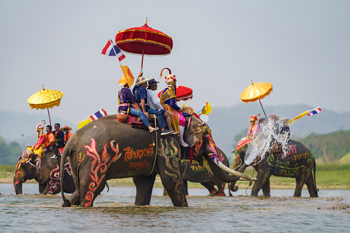 Srisatchanalai District, Thailand- April 7, 2024, Many people celebrate Thai culture in Hadsoiy village, A Man goes into monkshood on an elephant and crosses the river more than a 100th-year-old.
