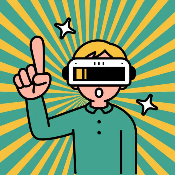 Vector illustration of A boy wearing a virtual reality headset or VR glasses enters the metaverse, looks at the viewer, and points upwards with his index finger