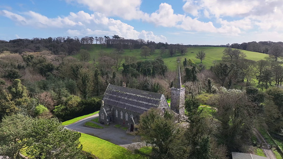 Aerial view of St Saviours Church of Ireland Greyabbey County Down Ards Peninsula Northern Ireland