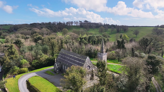 Aerial view of St Saviours Church of Ireland Greyabbey County Down Ards Peninsula Northern Ireland