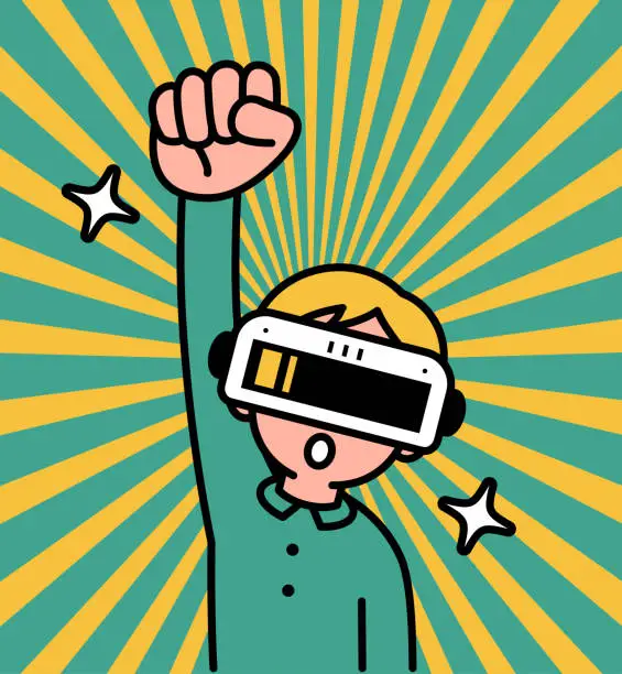 Vector illustration of A boy wearing a virtual reality headset or VR glasses enters the metaverse, looks at the viewer, and raises his right fist