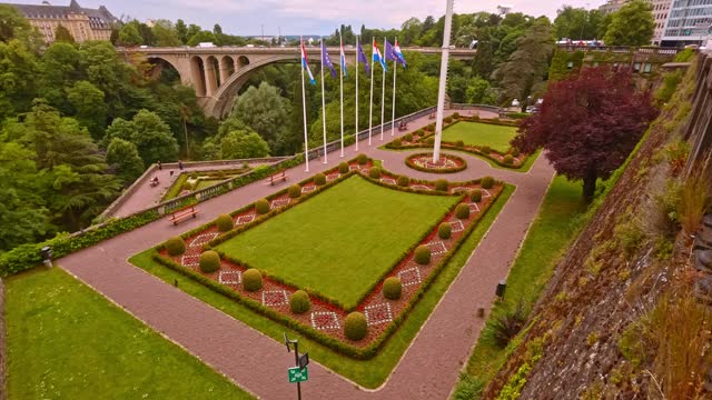 Panoramic view of the Petrusse casemates and surrounding gardens in Luxembourg during twilight