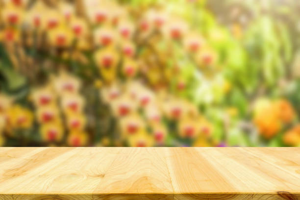 istock Empty wood table top with blur orchid garden background for product display 2148765411