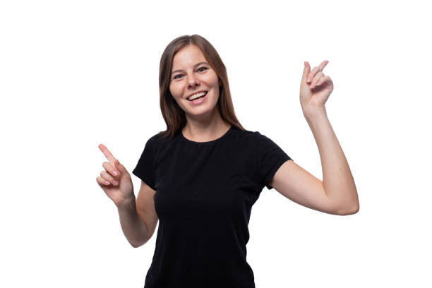 istock Caucasian brown haired woman wearing a basic t-shirt 2148765498