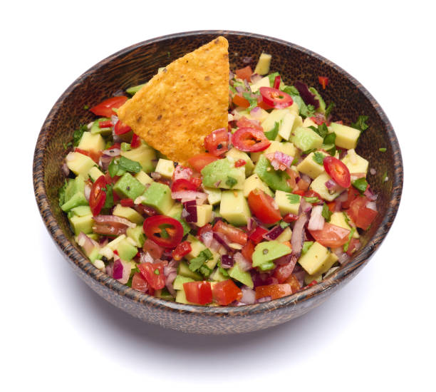 istock traditional salsa dip snack in wooden bowl and corn nacho chips isolated 2148765519