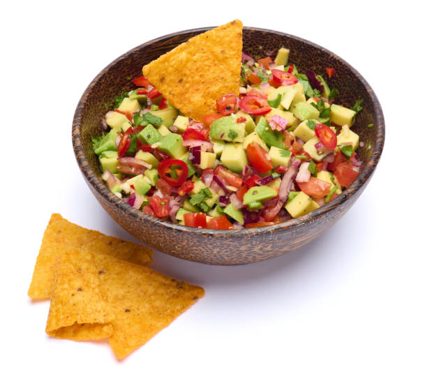 istock traditional salsa dip snack in wooden bowl and corn nacho chips isolated 2148765526