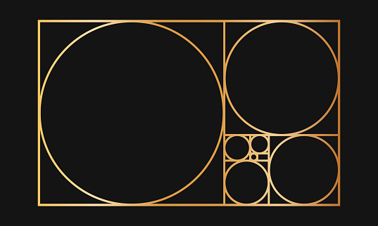 Golden ratio template. Gold-colored rectangle frame divided into squares and circles. Fibonacci sequence grid. Ideal nature symmetry proportions layout. Vector illustration.