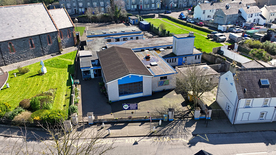 Aerial view of Seaview Primary School in the Beautiful Glenarm Village County Antrim Northern Ireland