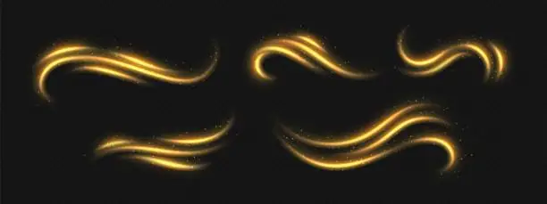 Vector illustration of Golden light trails, light in motion, glowing speed lines with sparkles. Bright gold decoration, luminescent swirls.