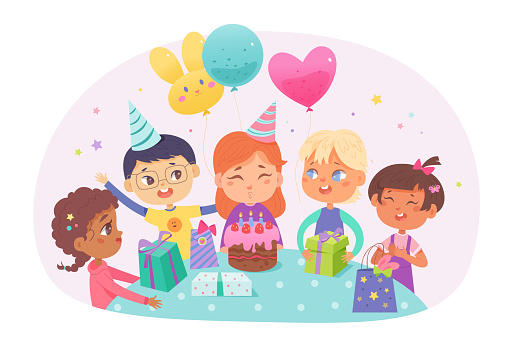 Child birthday party. Happy girls and boys celebrating birthday. Children holding gift boxes. Kids cartoon characters in b-day hats with colorful balloons and cake with candles.