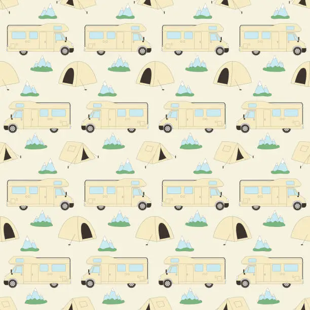 Vector illustration of Camping seamless pattern. Van with tents endless background. Forest and mountain tourism repeat decoration. Vector outline illustration.