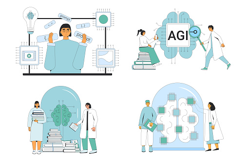 Artificial general intelligence research and prompt engineering set. AI engineer and coder neuron network and technology mind collection. Computer science. Vector flat illustration