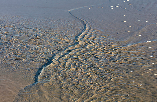 Diagonal lines of sunlit ripples wash ashore in a shallow tide pool in Newport Beach