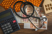 Medical Supplies and Calculator on Wooden Table Pile of Czech crown banknotes concept of inflation and financial health home economics in Czechia