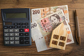 Calculator, Pen, and Czech Money on Wooden Table Home Economics in Czechia concept