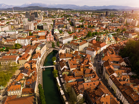 Beautiful aerial view of old town in Ljubljana, Slovenia. Center of Ljubljana city. View of Preseren square and old town on sunny spring day.