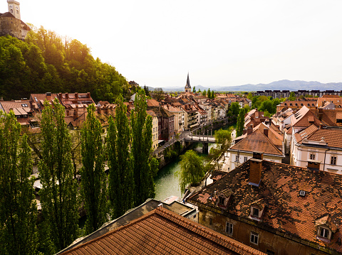 Beautiful aerial view of old town in Ljubljana, Slovenia. Photo taken on sunny spring day.
