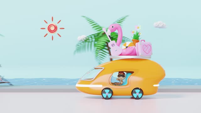3d tourist buses run along the beach road with boy, tree, guitar, luggage, sunglasses, flower, flamingo isolated on blue. summer travel concept, 3d render illustration, alpha channel
