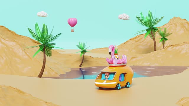 3D tourist bus running on desert with oasis, palm tree, lake, boy, tree, guitar, luggage, sunglasses, flower, flamingo, balloon in landscape composition, summer travel concept, 3d render illustration