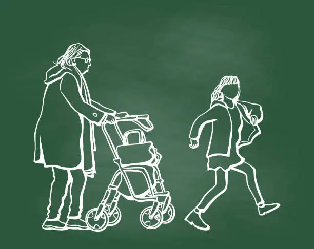 Vector illustration of Young And Old Crossing Streets Chalkboard