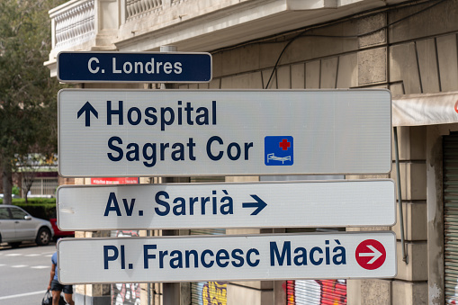 Information about the Hospital Universitari Sagrat Cor a sign on an avenue in the city of Barcelona. Catalonia. Spain. August 15, 2023