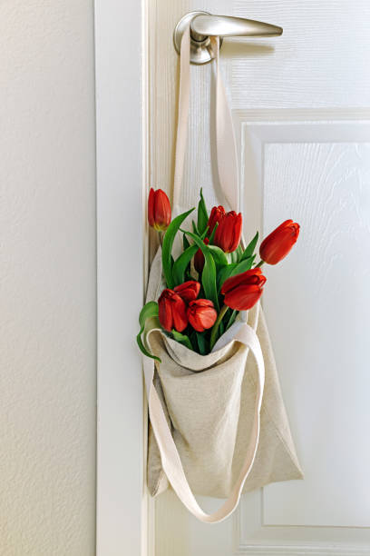 Red tulips in a reusable bag, spring lifestyle composition
