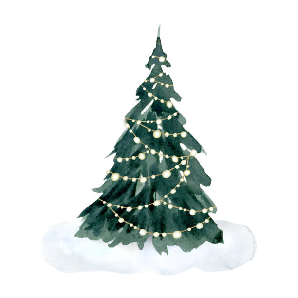 istock Christmas tree growing in snow with lights garland watercolor sketch illustration isolated on white background in simple style for Happy New Year greeting cards and designs 2148769835