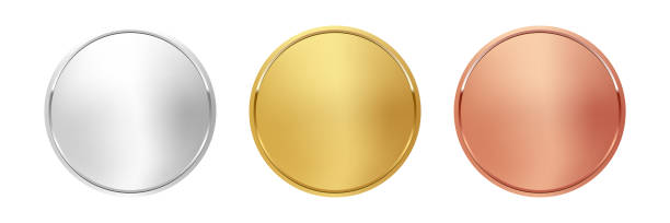 kuvapankkikuvitukset aiheesta award golden, silver and bronze blank medals 3d vector realistic illustration. first, second and third place medals or buttons isolated on white background. quality blank, empty badge, emblem set - kulta