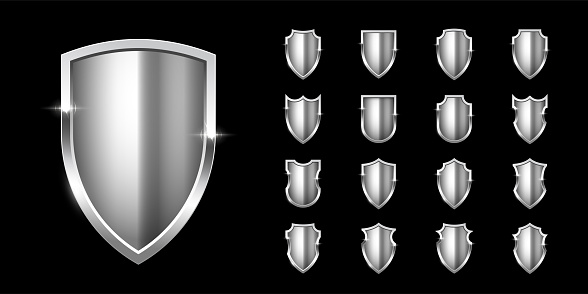 Silver shields with frame set for emblem, logo, badge, label. Vector luxury design elements. Royal medieval military armor collection isolated on black background. War trophy, heraldic symbol.