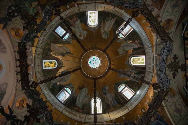 istock Stained glass ceiling in church . Low angle view . Religion concept 2148770787