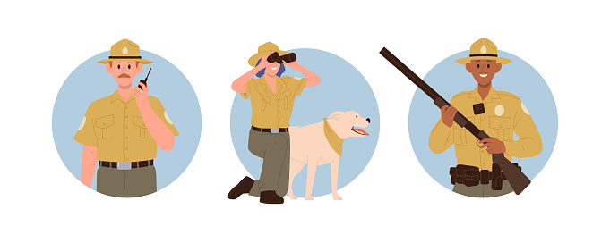 Forest rangers male female cartoon characters on guard round composition isolated set. Nature and ecology protection service department for monitoring patrolling safety in woods vector illustration