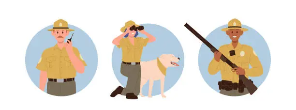 Vector illustration of Forest rangers male and female cartoon characters on guard isolated set of round composition