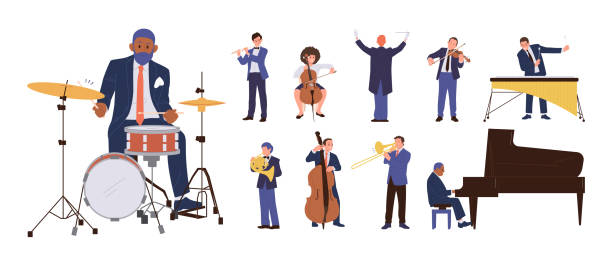 ilustraciones, imágenes clip art, dibujos animados e iconos de stock de gran conjunto con diferentes personajes de dibujos animados de músicos clásicos que actúan con instrumentos musicales - director de orquesta