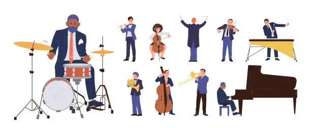 Vector illustration of Big set with different classical musician cartoon characters performing with music instrument