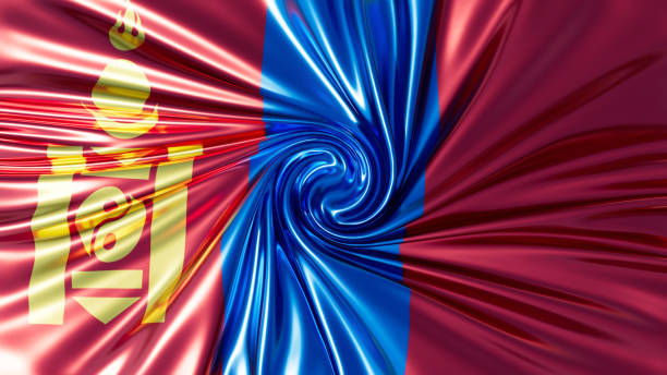 Flag of Mongolia painted on cracked dirty wall. National pattern on vintage style surface.