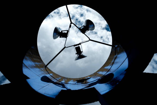 Three street lamps in a circle in an abstract image. Low key image with a cloudy background.