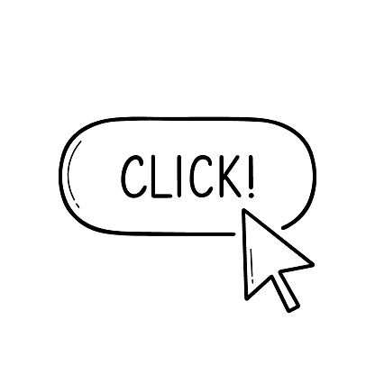 Click here button doodle icon. Computer pointer, mouse cursor in sketch style. Hand drawn vector illustration isolated on white background