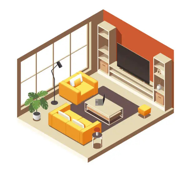 Vector illustration of Isometric living room interior. Cartoon apartment with furniture, modern domestic room with sofa and armchair, home interior design. Vector illustration