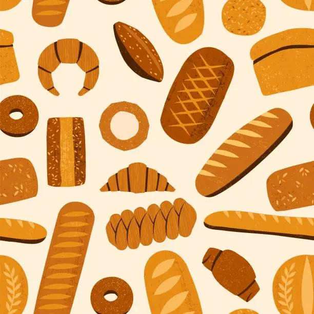 Vector illustration of Bread pattern. Seamless print of bakery products with baguettes croissants bagels pretzels, cartoon fresh baked food. Vector texture