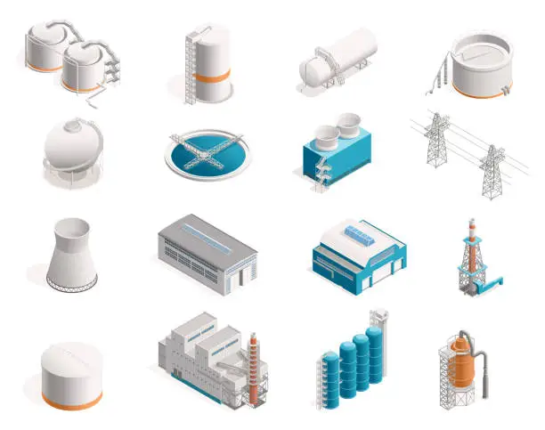 Vector illustration of Isometric factories. Industrial buildings with production and warehouse, industrial estate with oil refinery and mill. Vector set