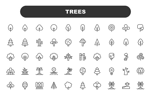 Tree Line Icons. Editable Stroke. Contains such icons as Forest, Nature, Outdoors, Environment, Ecology, Seed, Park, Maple, Pine, Fir.