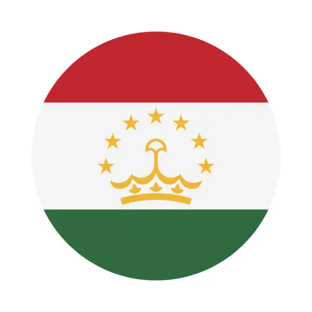 Vector illustration of Tajikistan flag. Tajikistan circle flag. Circle icon flag. Standard color. Button flag icon. Digital illustration. Computer illustration. Vector illustration.