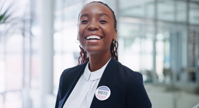 Vote, badge and face of black woman for politics in office, election or patriotic. Government, happiness and portrait female person with pin for politician, choice and support for human rights