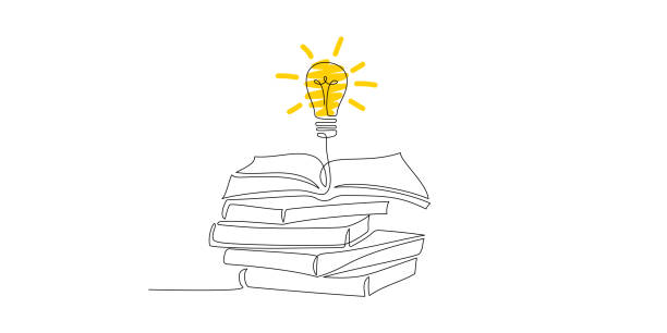 istock Continuous one line drawing of stack of books and open book. Single line of idea concept with bulb and notebooks for background. Education, business, back to school hand drawn sketch. Editable stroke 2148777728
