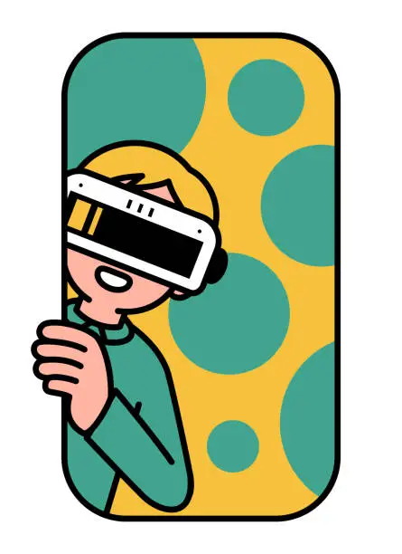 Vector illustration of A boy wearing a virtual reality headset or VR glasses enters the metaverse and looks at the viewer through the arc window or door