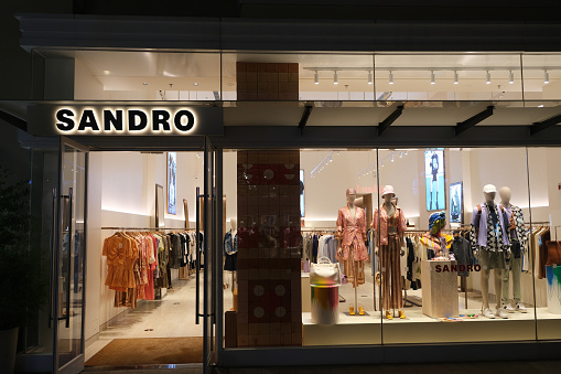 Suzhou,China-August 20th 2023: facade of large Sandro clothing retail store