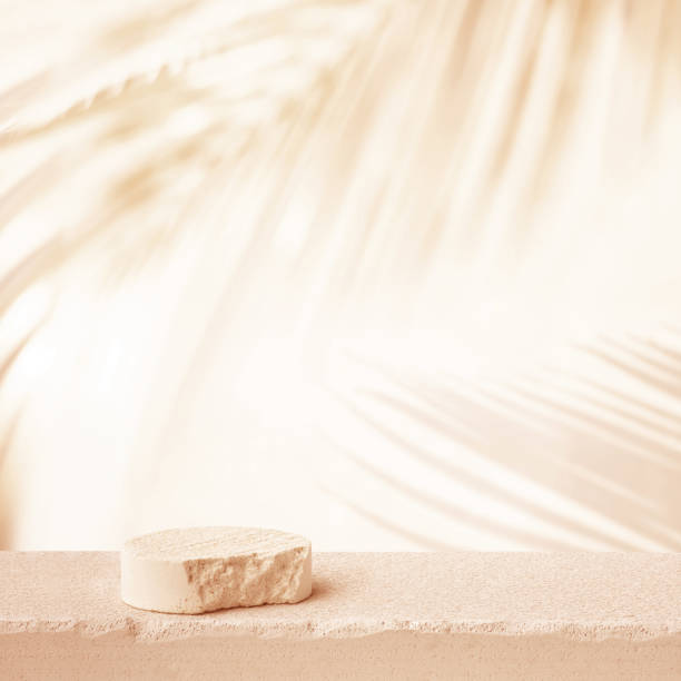 istock Selective focus.sandstone top product display platform in tropical design with shadow palm leaf on beige pastel wall 2148779952