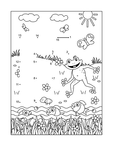 Letter F dot-to-dot activity sheet and coloring page. F is for frog. F is for fish. F is for fish flock. F is for flowers.